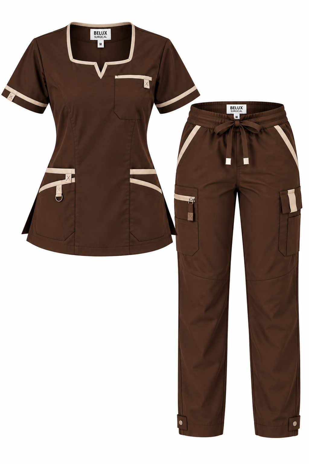 Women's Premium Wrap-Neck Medical Scrub Set Dark Brown