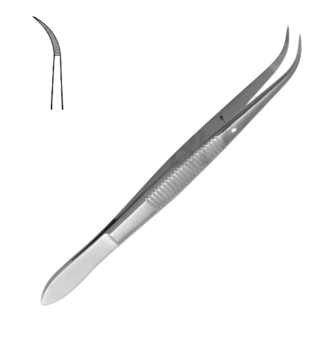 Splinter tweezers with pin, serrated, curved, 10.5 cm